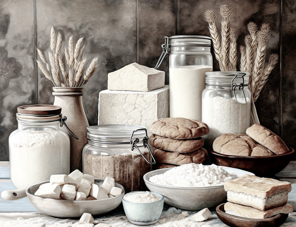 Image of bottles and typical baking ingredients on a table