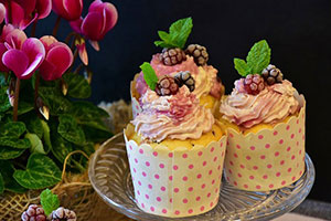 Image of vanilla cupcake with polka dot wrapping, 
                     pink icing, mint and blackberry garnish with pink flowers in the background